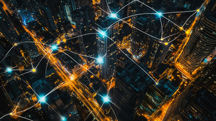 Wall Mural - Smart digital city with connection cyber security network reciprocity over the cityscape . future smart wireless digital city and social media networking systems that connects people within the city