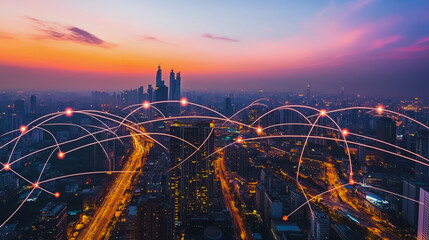 Wall Mural - Smart digital city with connection cyber security network reciprocity over the cityscape . future smart wireless digital city and social media networking systems that connects people within the city