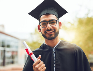 Poster - Happy man, portrait or student with qualification for graduation, diploma or degree at university. Young, male person or graduate with smile for certificate, paper or achievement of acadmic milestone