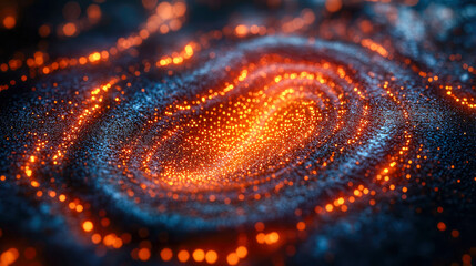 Poster - A close-up of glowing orange and blue particles swirling together in an abstract, futuristic scene