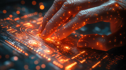 A close-up of a hand interacting with a glowing digital interface, symbolizing technology and data analysis