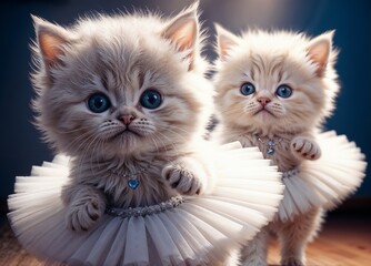 Two adorable white kittens with large blue eyes and soft fluffy fur, wearing a white tutu and a delicate necklace, dancing on a wooden floor with a soft, dreamy expression. AI