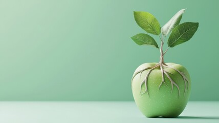 A stylized green apple with roots extending from its bottom and leaves growing from its top.