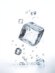 Poster - A close up shot of a single transparent ice cube with intricate frost crystals and water droplets forming on its surface against a plain white background  The minimalist