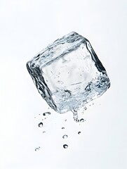 Poster - A close up view of a single perfectly clear ice cube suspended in midair with small beads of condensation frozen onto its surface creating a minimalist abstract and visually striking composition