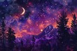 © Mark - AI-generated illustration of a mountainous pine forest beneath a celestial night sky, showcasing