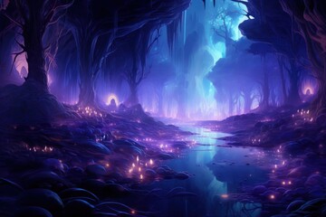 Wall Mural - Blue neon mountains reflection fantasy nature.