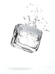 Poster - A frozen cube shaped glass or ice block with a splash of clear crystalline water and bubbles captured against a clean white studio background  This minimalist