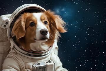 Wall Mural - A dog in an astronaut suit floating in space against a starry background.