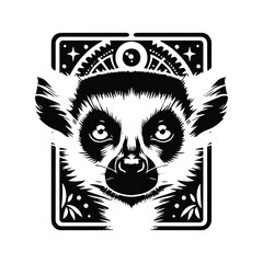 lemur monkey in Tarot card black and white silhouette illustration -