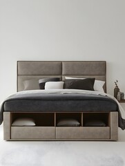 Poster - A modern and minimalist headboard design featuring built in storage compartments creating a calm and organized bedroom setting with a sophisticated contemporary aesthetic