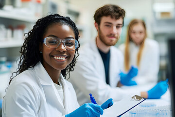 A young female scientist in a lab coat, safety glasses, and blue gloves looks at the camera while smiling. Two other lab workers are blurred in the background.