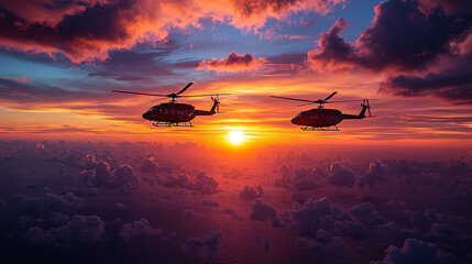 Wall Mural - Two helicopters fly through a vibrant sunset over the clouds.