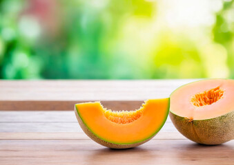 Ripe Melon Slices on Wooden Table with Blurred Green Background.