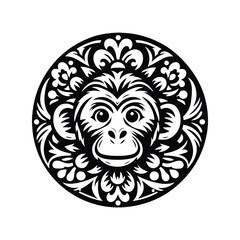 Wall Mural - monkey in folk art black and white silhouette illustration -