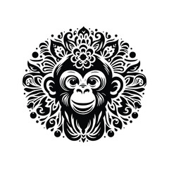 Wall Mural - monkey in folk art black and white silhouette illustration -