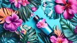 Fototapeta  - Tropical Floral Background with a Blue Bottle.