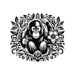 Wall Mural - orangutan monkey in folk art black and white silhouette illustration -