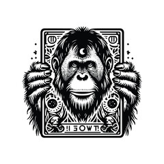 Wall Mural - orangutan monkey in Tarot card black and white silhouette illustration -