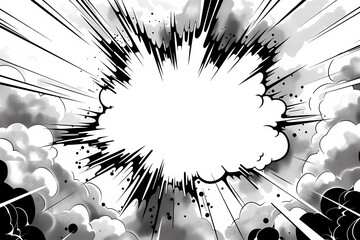 Dynamic black and white comic-style explosion graphic featuring jagged lines and a prominent blank center for impactful text.