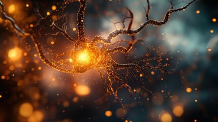 Poster - A nerve impulse travels along a neuron, illustrated by a glowing burst of energy illuminating the intricate structure of the neuron in a captivating display