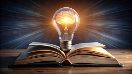 A creative concept of a book and brain inside a glowing light bulb, knowledge, learning, education