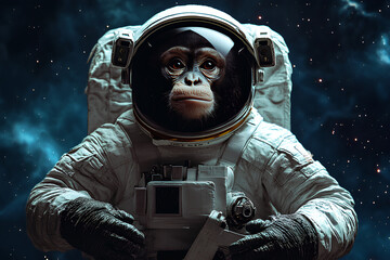 Wall Mural - A chimpanzee in a space suit poses against a cosmic background.