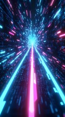 Poster - Abstract arrow shaped motion light effect with blue and pink glow on a dark background featuring dynamic symmetry holographic color accents