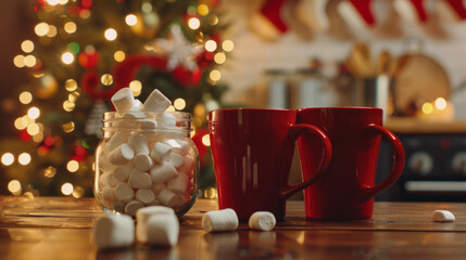 A jar of marshmallows sits on a table next to two red mugs. The scene is set in a kitchen with a Christmas tree in the background. The atmosphere is cozy and festive, with the mugs