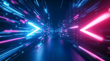 Poster - Abstract arrow speed motion light effect with blue and pink glow on dark background featuring sharp graphics iridescent color scheme