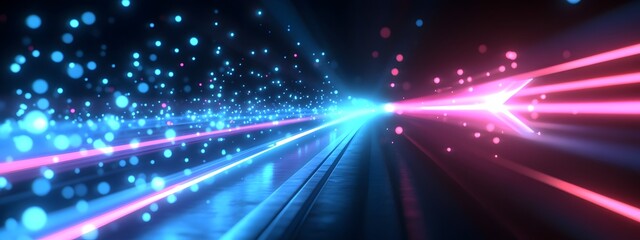 Poster - Abstract Arrow Speed Motion Light Effect with Vibrant Blue and Pink Glow on Dark Background Featuring Fluid Motion Blur Luminescent Highlights and Cinematic Depth of Field in a Futuristic