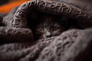 Black kitten in cozy bed blanket mammal animal.