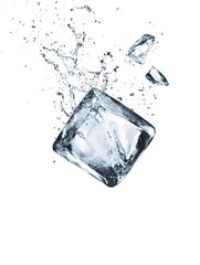 Poster - Abstract image of a splashing frozen cube of water creating a dynamic icy liquid crystal effect  The image showcases the motion fluidity and transparency of the frozen water against a clean
