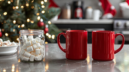 A jar of marshmallows sits on a table next to two red mugs. The scene is set in a kitchen with a Christmas tree in the background. The atmosphere is cozy and festive, with the mugs