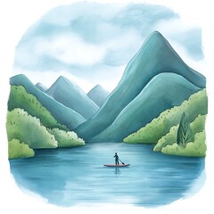 Canvas Print - Watercolor Illustration of a Person Paddleboarding on a Lake Surrounded by Mountains.