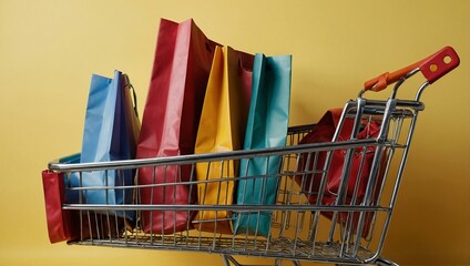 Shopping cart with colorful bags against a bright yellow background.