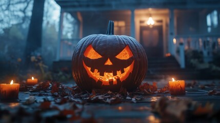 Wall Mural - Jack O' Lantern with a haunting expression, glowing brightly on a porch surrounded by flickering candles and scattered leaves