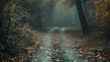 Poster - A dreamy forest path with raindrops glistening on the leaves and branches