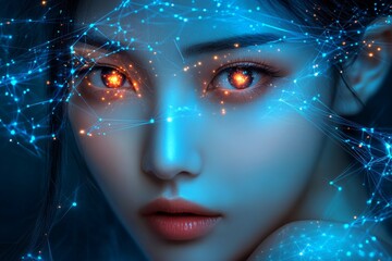 Poster - Cortical activity cerebral cortex neural feedback and deep learning young woman with blue and orange digital neural lines symbolizing futuristic technology and intelligence