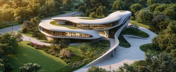 Modern, Curved Building with Green Roof and Landscape