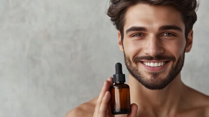 Handsome man smiling and holding a bottle of serum.