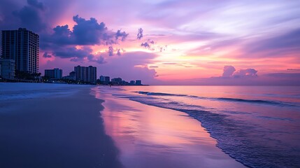 Wall Mural - Pink Sunset Over the Beach with City Skyline