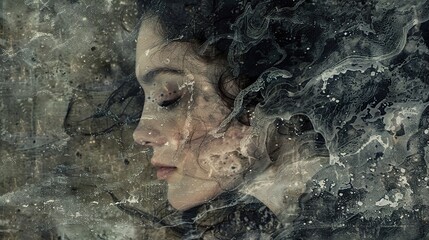 Wall Mural - Dreamy Portrait of a Woman with Abstract Water Texture