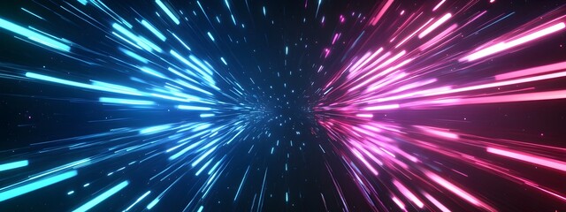 Poster - Captivating depicting a kinetic abstract arrow speed motion light phenomenon with shimmering blue and pink luminous streaks radiating through a dark backdrop