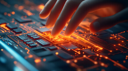 Poster - Digital Pulse: A close-up shot of a hand interacting with a glowing circuit board, capturing the essence of technological innovation and the intricate workings of the digital world. 