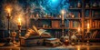 © somsak - Sorcerer's library with magical books and artifacts casting spells, sorcerer, library, magical, books, artifacts, spells