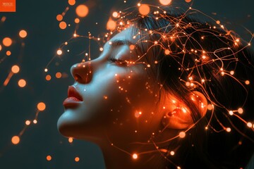 Poster - Cerebral cortex synaptic plasticity cortical network and brain mapping woman with neural sparks on face symbolizing imagination creativity and mental energy