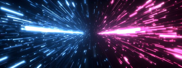 Poster - Captivating of a kinetic abstract motion phenomenon with shimmering blue and pink luminous streaks radiating through a dark backdrop creating a futuristic and generative AI powered visual composition