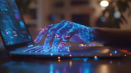 Poster - Digital Hand on Laptop: A digital hand, glowing with data, types on a laptop keyboard, representing the fusion of technology and human interaction in the digital age.  