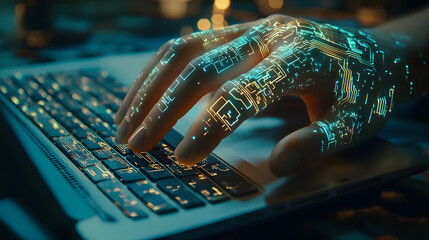 Poster - Digital Symphony: A futuristic hand, infused with glowing circuitry, dances across a keyboard, composing the future of technology. 